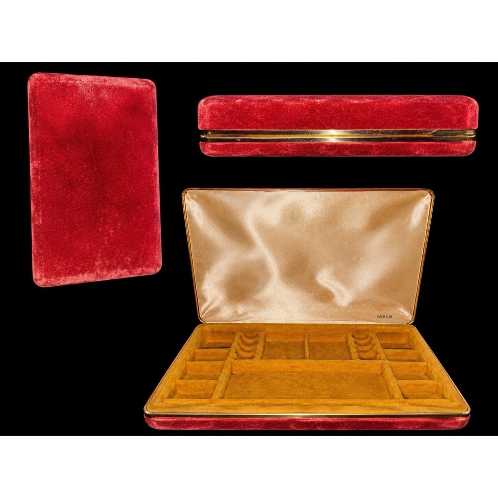 Vintage Mele Red Velvet Jewelry Box Gold Trim Ring Organizer Case Vanity